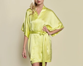 Samantha Luxurious Silk Bridesmaids Robe in Chartreuse; Pale Green 100% Silk Kimono Robe; Bridal Shower, Bachelorette Party Gifts for Women