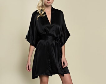 Samantha 100% Silk Satin Kimono Robe in Black; Getting Ready Bridesmaid Robe; Black Silk Lingerie; Black Satin Loungewear; Silk Kimono Dress
