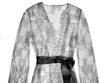Camellia bridal lace robe in Black or Ivory; Sheer black lace robe with floral pattern; elegant honeymoon lingerie