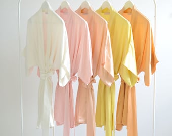 Samantha Silk Satin Bridesmaids Robes in Sorbet Colors: Ivory, Ballet Pink, Peach, Yellow, Orange; 100% Silk Kimono Wedding Day Robes