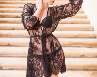 Boudoir Lace Robe in Black; Chantilly French Lace Sheer Robe with Floral Motif; Elegant and Romantic Honeymoon Lingerie; Bride to be Gift