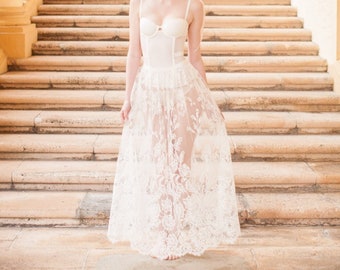 Belle Époque Edwardian Floral French Lace Tulle Skirt in Natural Ivory; Sheer Ankle Length Skirt with Scalloped Hem; Bridal Gown Lace Skirt