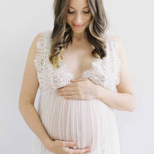 Jen French Lace & Silk Tulle Dressing Gown in Ivory; Maternity Shoot Floor Length Sheer Gown with Train; Romantic, Transparent Nightgown