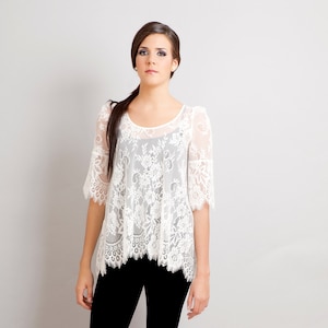 Black Swan French Lace Scalloped Tunic Blouse ivory XS S image 1