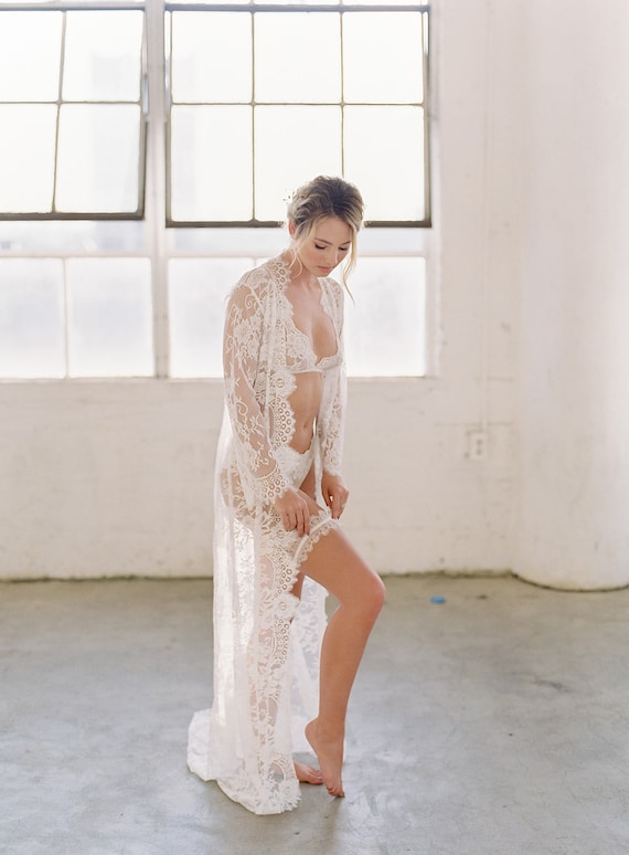 Swan Queen Long Lace Bridal Robe With Train in Ivory Floral Sheer