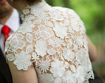 Krista Italian Guipure Embroidered Lace Bolero, Cap Sleeves Ivory Off White S M L CUSTOM; Bridal Shrug, High Neck, Fine Floral Lace Cover Up