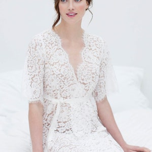 Elizabeth Lace Bridal Getting Ready Robe in Off-white Romantic, Semi-Sheer Wedding Robe in White with Floral Motif image 4