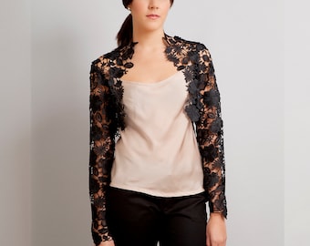 Krista Long Sleeve Lace Bolero in Black; High Neck, Guipure Lace Embroidered Shrug; Formal Cover Up, Short Jacket with Flower Pattern