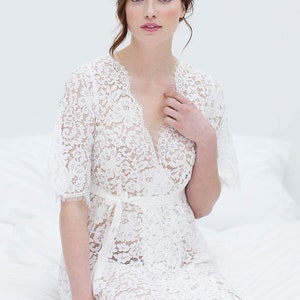 Elizabeth Lace Bridal Getting Ready Robe in Off-white Romantic, Semi-Sheer Wedding Robe in White with Floral Motif image 3