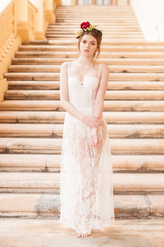 Belle poque Edwardian Floral French Lace Tulle Skirt in Natural Ivory; Sheer Ankle Length Skirt with Scalloped Hem; Bridal Gown Lace Skirt