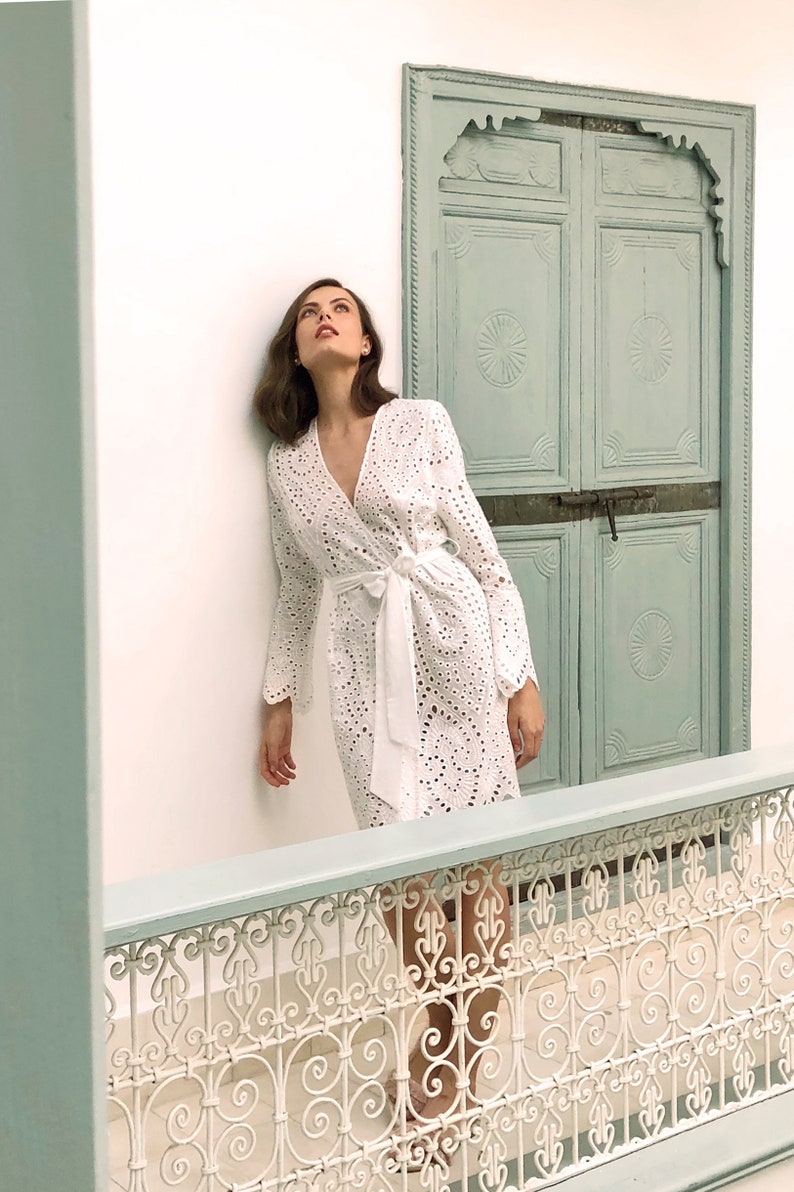 Dreamer Eyelet Crochet Lace Robe; Long Sleeve, White Cotton Wrap Dress ...