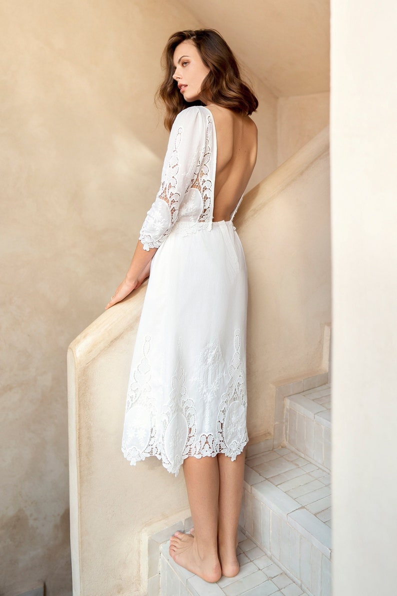 Dolce Broderie Anglaise Emboidered Cotton Midi Dress Open Back, White Cotton Dress Honeymoon, Rehearsal Dinner, After Party Bride Outfit image 1