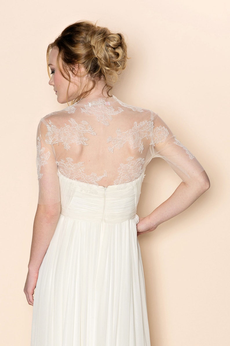Eliza Sheer French Lace & Illusion Tulle Bridal Shrug Half Sleeve, Fine, Delicate Lace Wedding Bolero Strapless Gown Elegant Cover up image 1