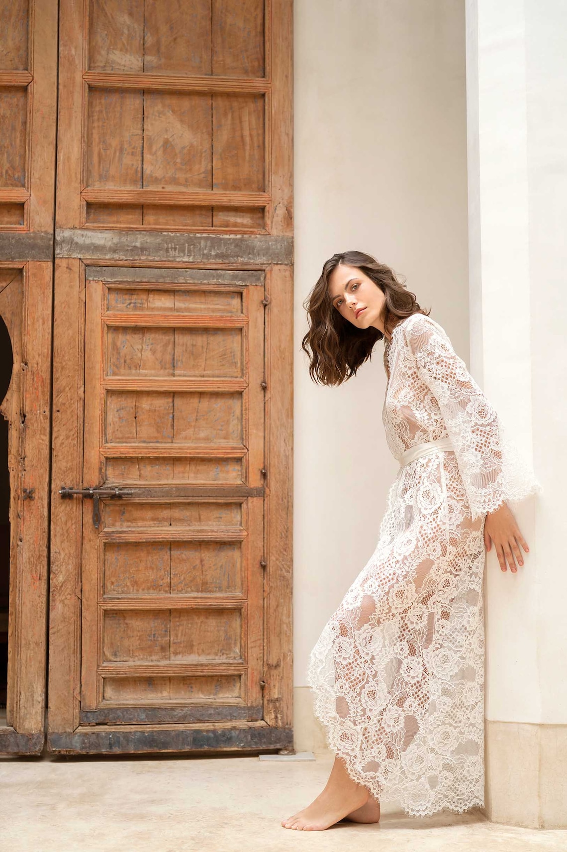 Rosalia Lace Robe in Ivory; Long, Scalloped Hem Bridal Robe; Romantic ...