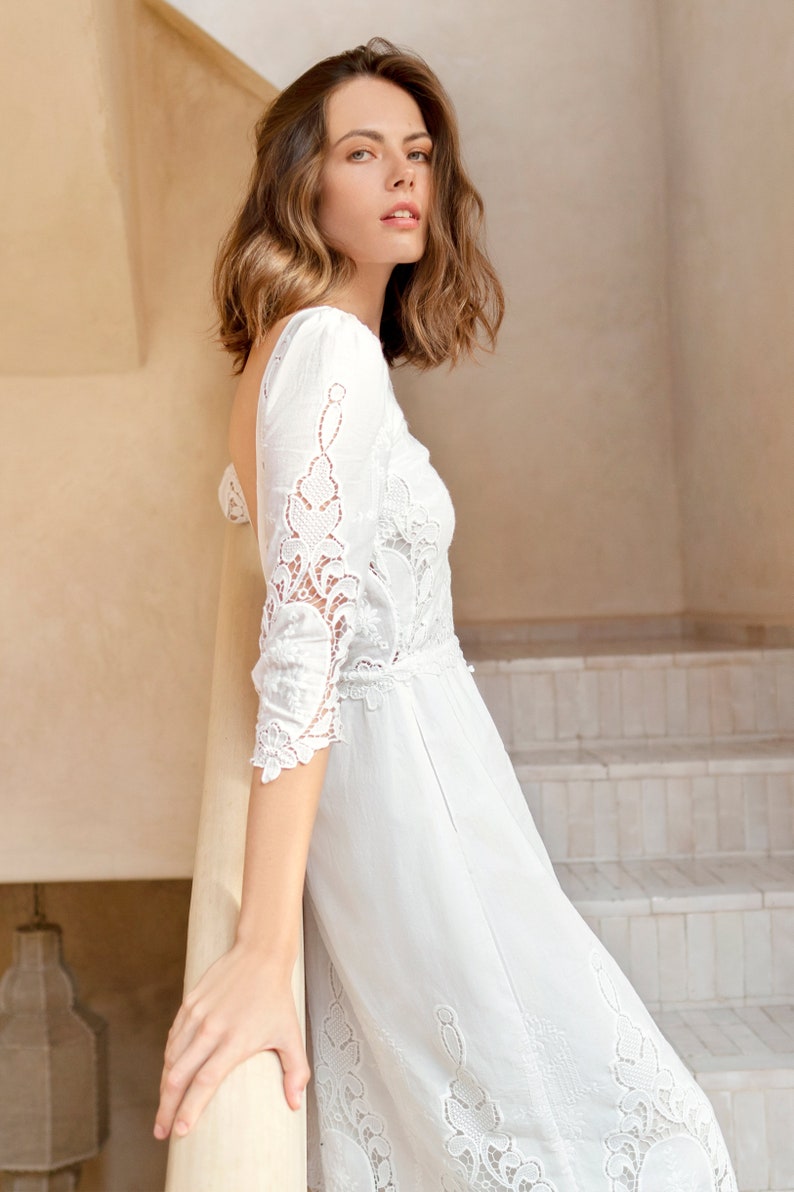 Dolce Broderie Anglaise Emboidered Cotton Midi Dress Open Back, White Cotton Dress Honeymoon, Rehearsal Dinner, After Party Bride Outfit image 4