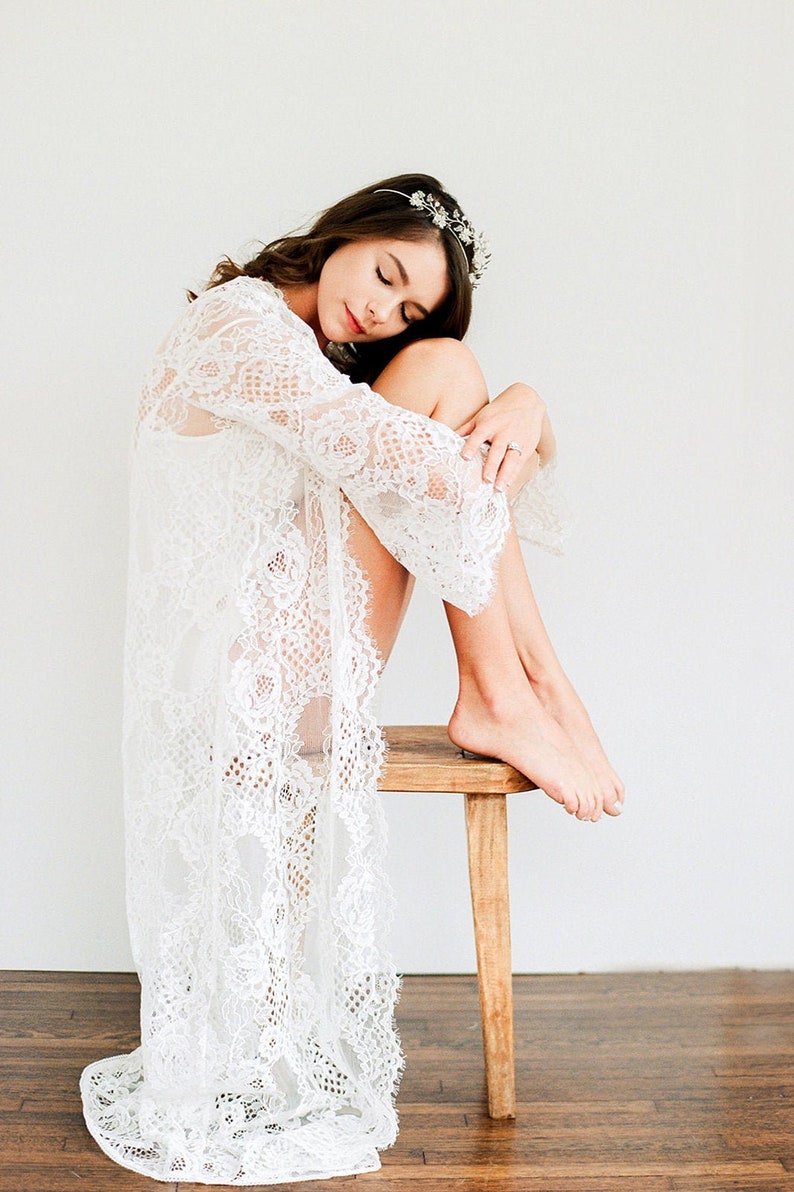 Leah Boho Bridal Lace Robe in Ivory or Black; Long Sleeve, Ankle Length ...