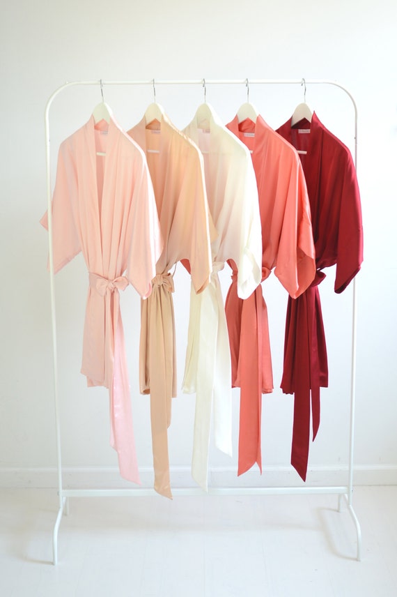Samantha Silk Bridesmaids Robes in Strawberries & Cream Colors; Satin Silk Getting Ready Robes; Pink and White Bridal Party Luxury Robes