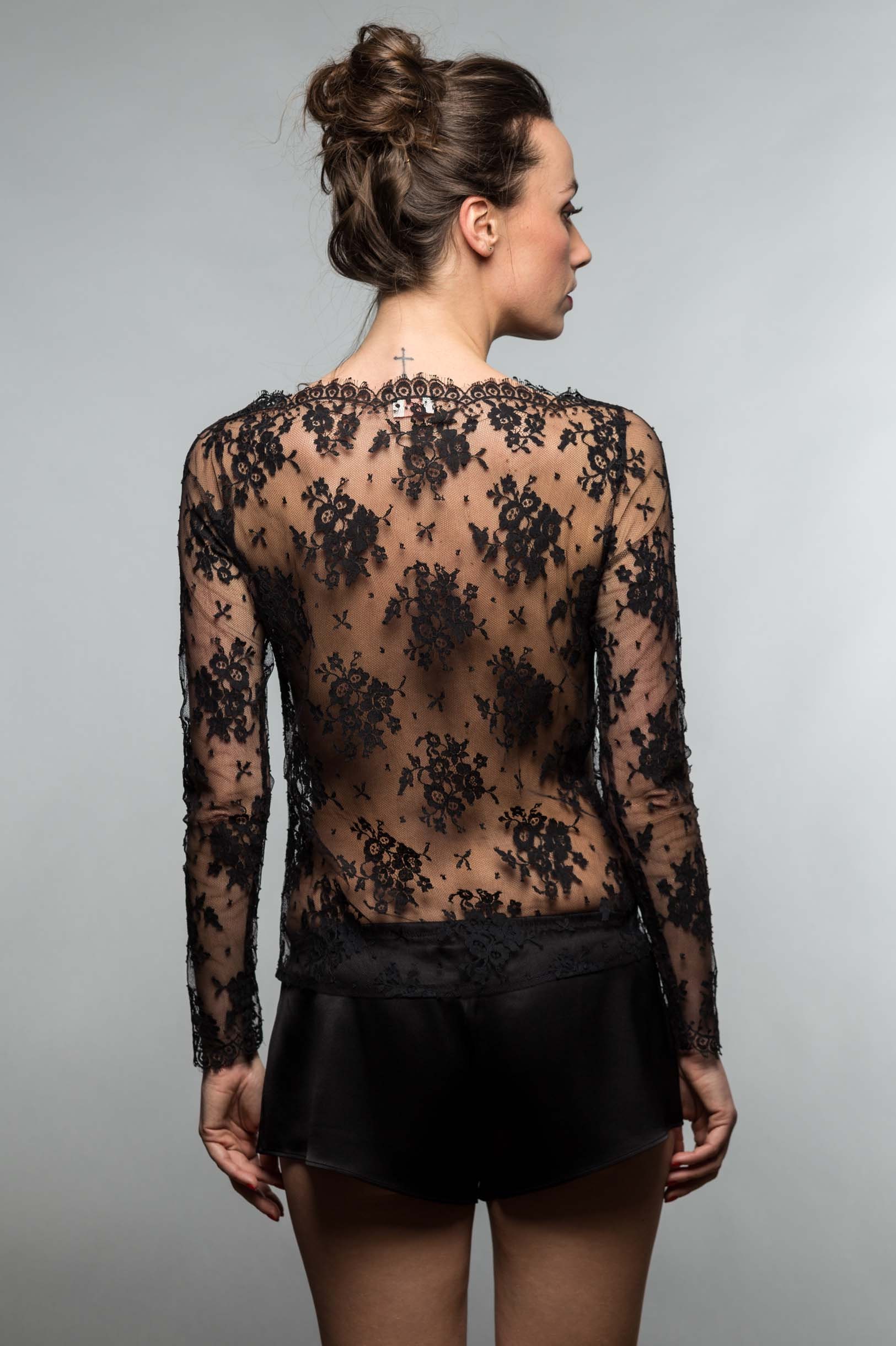Black French Lace V Neck Blouse with Sheer Sleeves and Self Tie Waist for Autumn