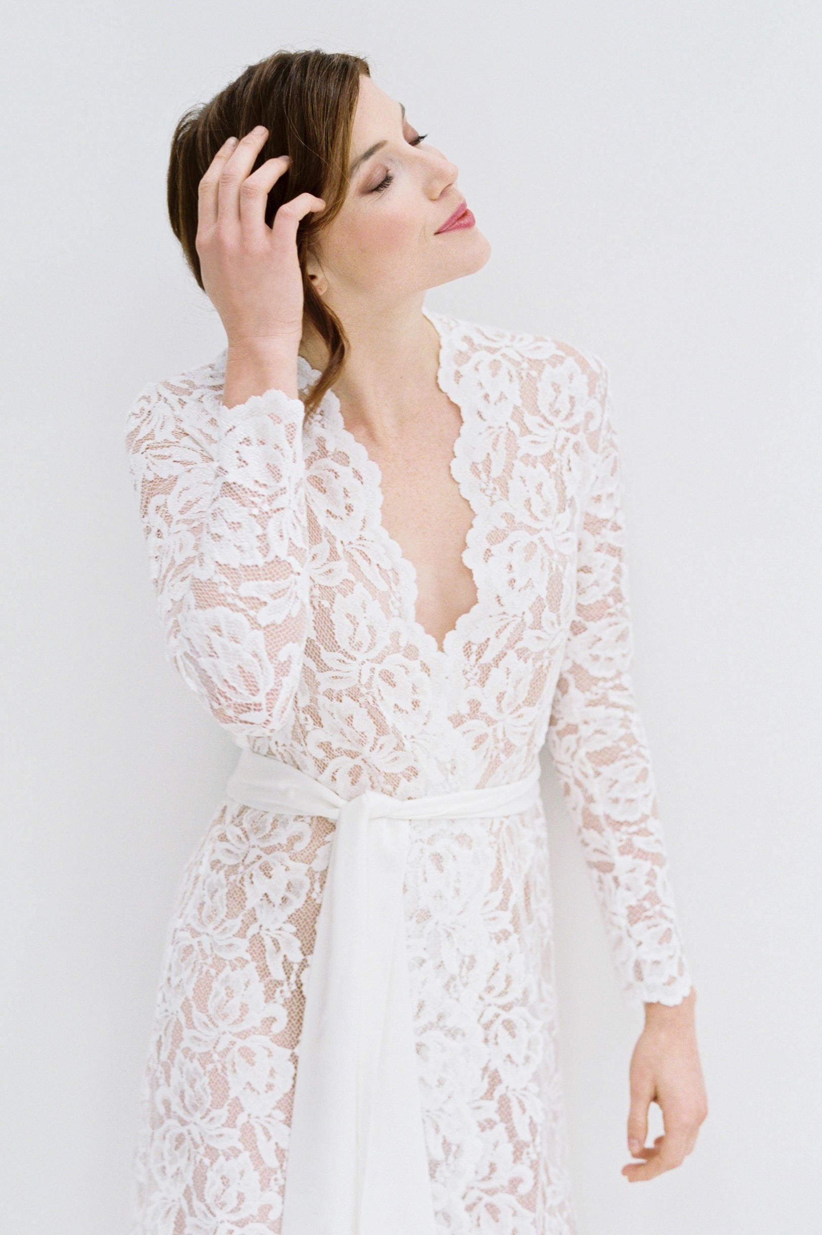 Lauren Stretch French Lace Robe in Black Long Sleeve, Elegant Sheer ...
