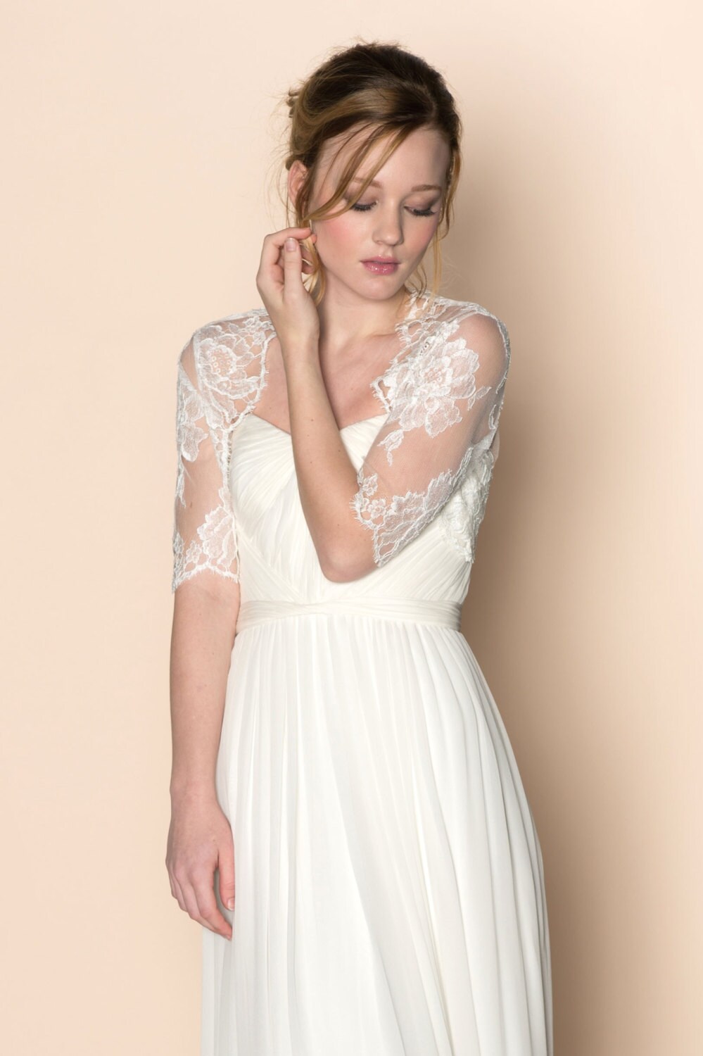 Roseline French Lace Bridal Bolero Ivory or Black; Sheer Tulle & Lace Wedding Dress Topper; Half Sleeve, Elbow Length Wedding Shrug Cover Up