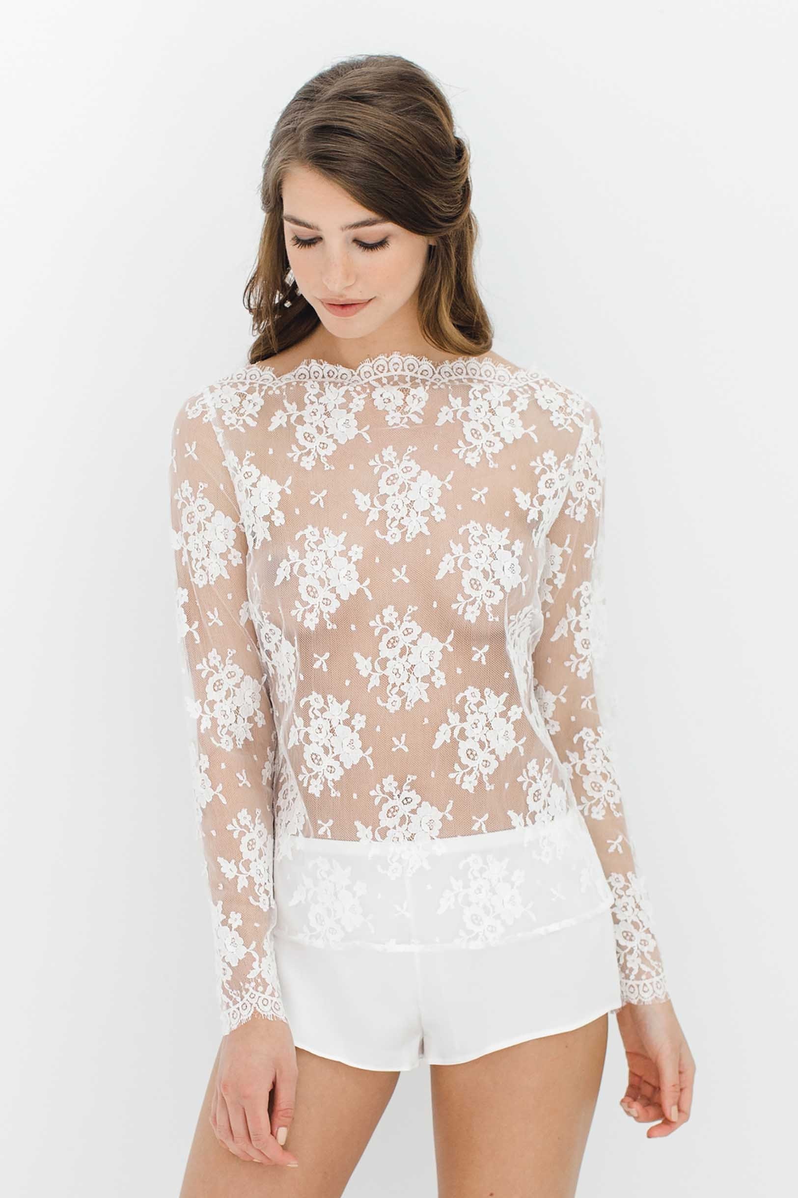Black French Lace V Neck Blouse with Sheer Sleeves and Self Tie Waist for Autumn main image 1