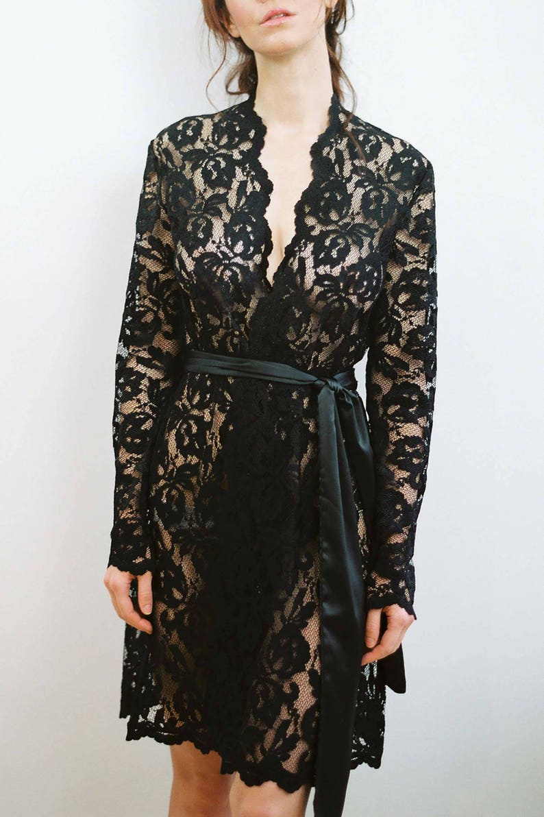 Lauren Stretch French Lace Robe in Black Long Sleeve, Elegant Sheer Lace Boudoir Robe Bridal Floral Lace Coat Formal Dress Cover Up image 4