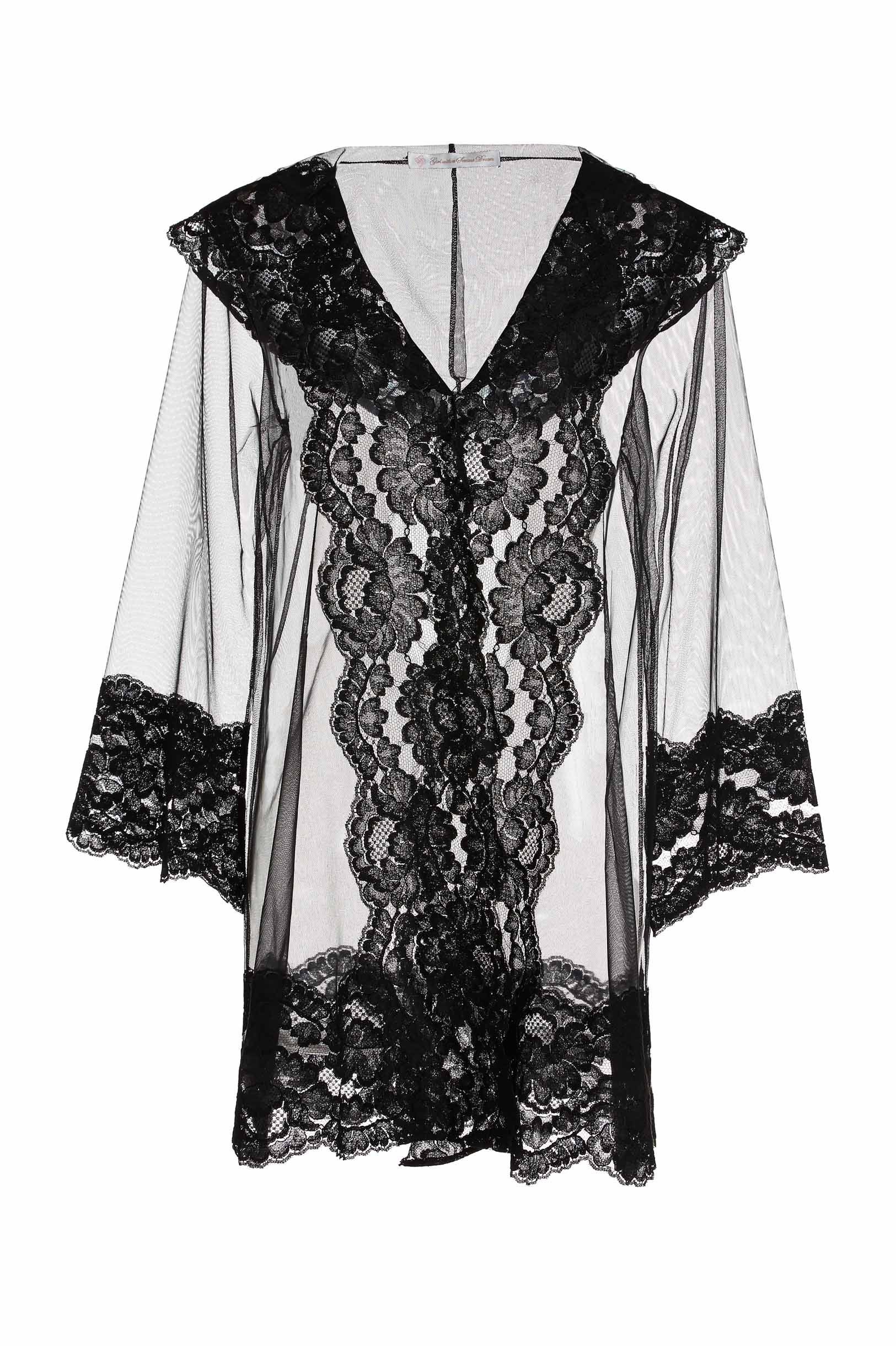 Amalfi Boudoir Hooded Tulle & French Lace Robe Long Sleeve Sheer Black ...