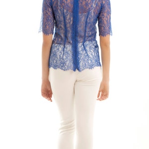 Chantilly lace scalloped blouse shirt top klein blue S M image 5