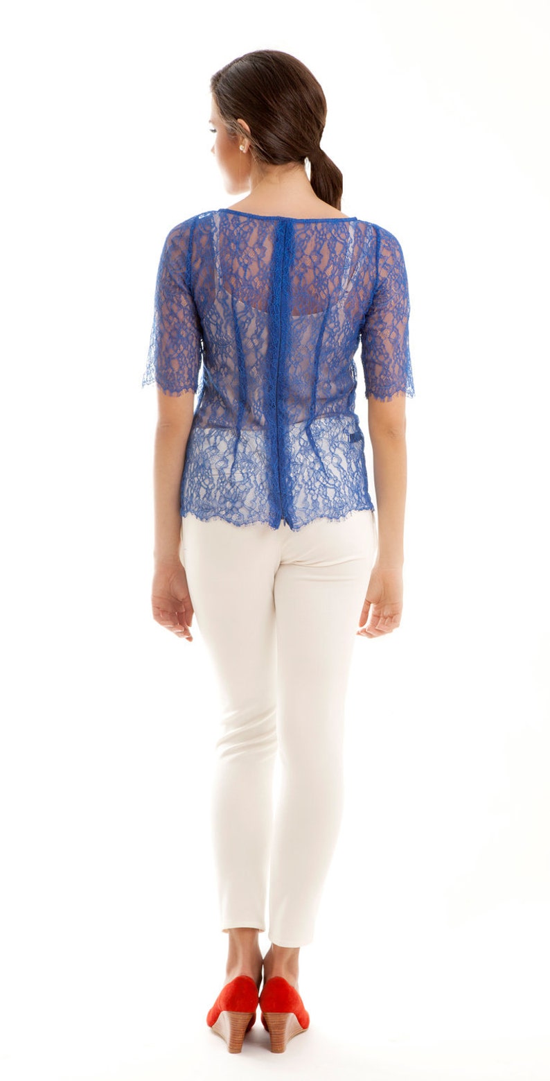 Chantilly lace scalloped blouse shirt top klein blue S M image 5