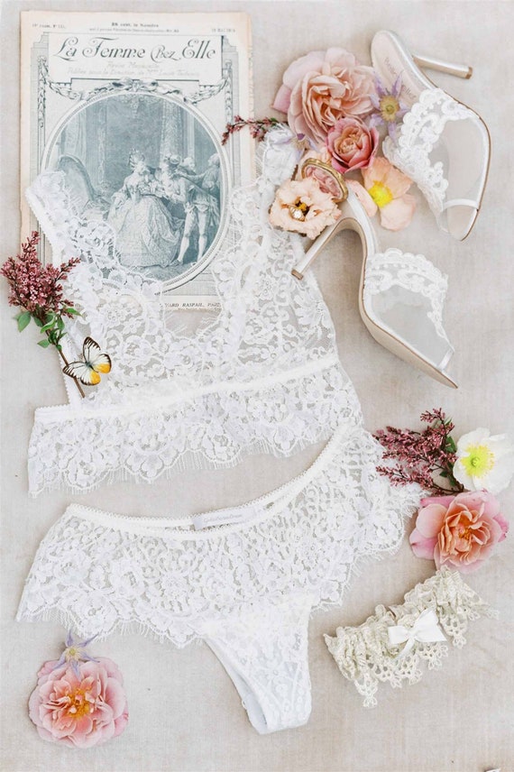 Jen French Soft Cup Lace Bralette in Ivory; Bridal Bra and Panty Sets;  Handmade in USA, Couture Wedding Lingerie; Fine French Leavers Lace