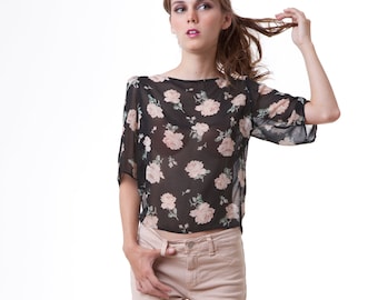 Amy Floral Vintage rose print chiffon puff sleeve blouse shirt top XS S M L