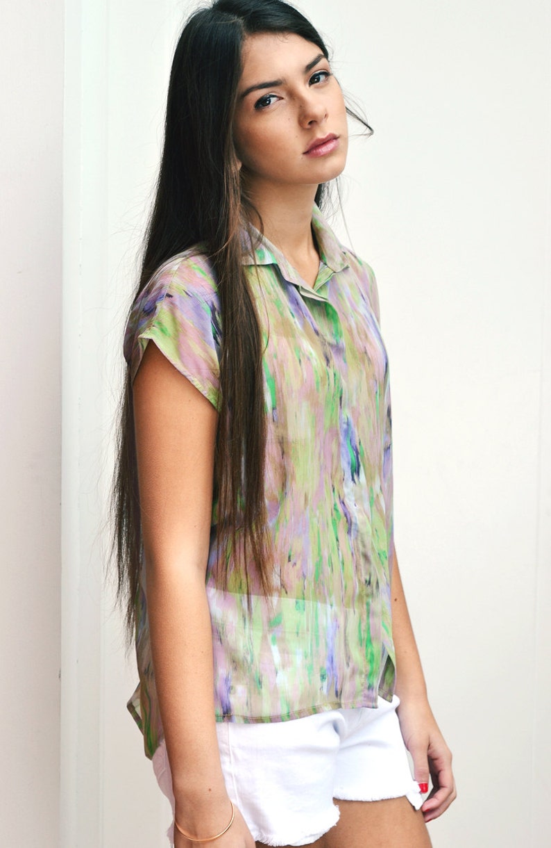 Elaine Silk Chiffon Garden Ikat Print Button Down Blouse Shirt Top green lavender image 1