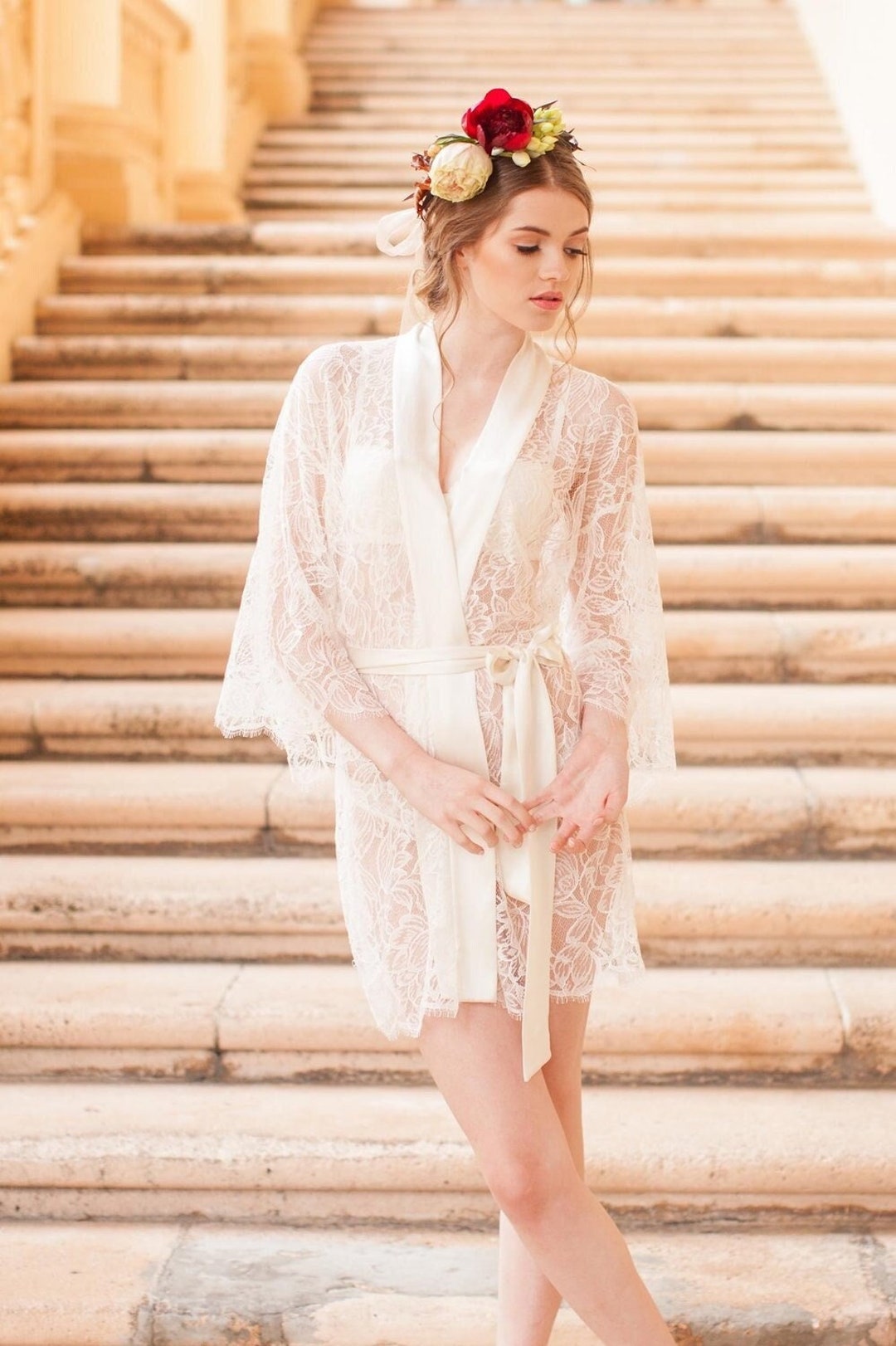 Tulip French Lace Silk Bridal Kimono Robe in Ivory; Flower