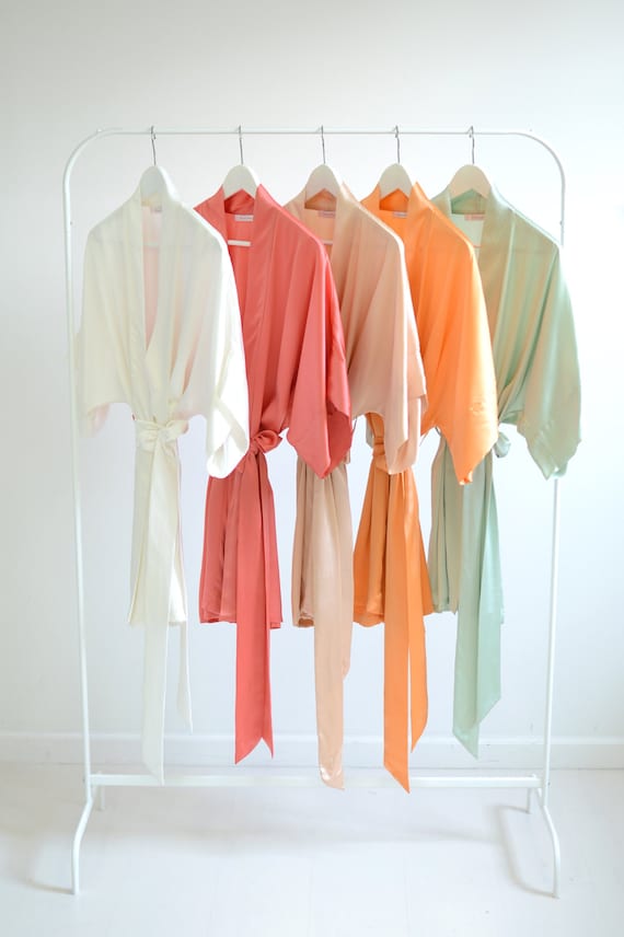 Samantha Silk Bridal Robe Satin Kimono in Earth Colors - Ivory, Coral, Apricot, Orange, Green; Wedding Day Getting Ready Bridesmaids Robes