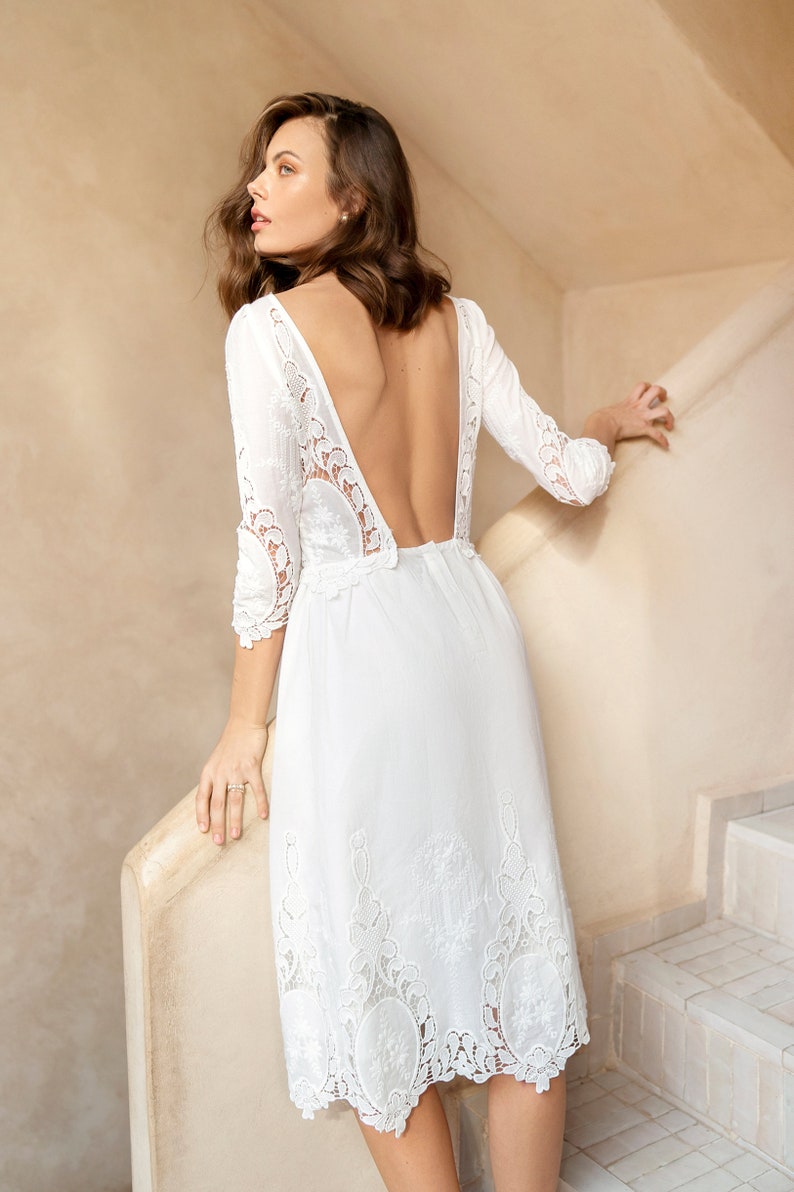 Dolce Broderie Anglaise Emboidered Cotton Midi Dress Open Back, White Cotton Dress Honeymoon, Rehearsal Dinner, After Party Bride Outfit image 5