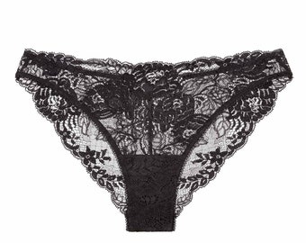 Begonia French Lace Bikini Panties in Black; Floral Scalloped Lace Briefs; Wedding Bridal Lingerie; Flirty, Romantic Black Lace Panties