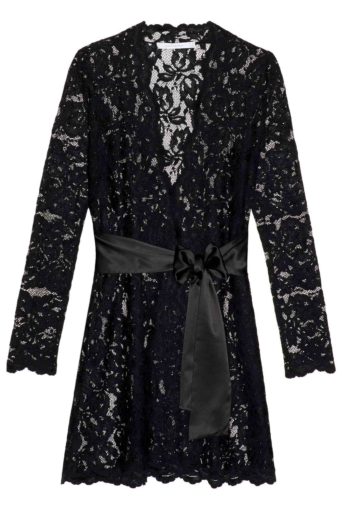 Lauren Stretch French Lace Robe in Black Long Sleeve, Elegant Sheer ...