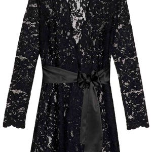 Lauren Stretch French Lace Robe in Black Long Sleeve, Elegant Sheer Lace Boudoir Robe Bridal Floral Lace Coat Formal Dress Cover Up image 5