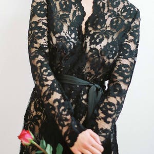 Lauren Stretch French Lace Robe in Black Long Sleeve, Elegant Sheer Lace Boudoir Robe Bridal Floral Lace Coat Formal Dress Cover Up image 3
