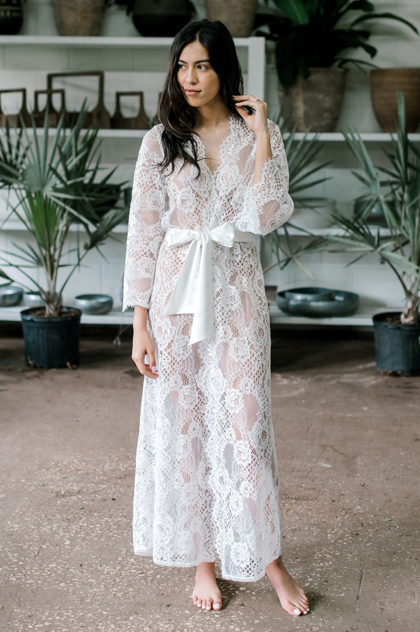 Leah Boho Bridal Lace Robe in Ivory or Black; Long Sleeve, Ankle Length ...