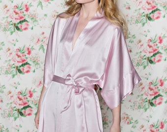 Samantha Silk Robe; Bridal Kimono; Getting Ready Bridesmaids Dressing Gown; Rose Pink