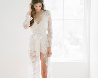 Swan Queen French Lace Long Bridal Robe Dressing Gown In Ivory or Black; Floral White Lace Sheer Bridal Gown with Train