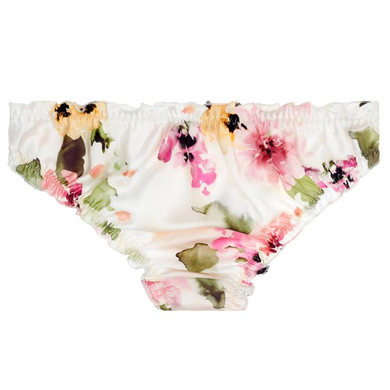 Watercolor Dreams Floral Print Silk Ruffled Panties; Flirty Silk Satin  Knickers; Rosa, Blanco, Amarillo Estampado de Flores Bikini Breve, Seda  Genuina