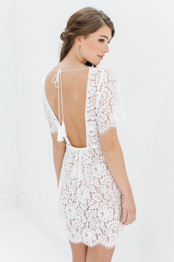 Sunshine Open Back Lace Robe with Tassels, Off White; Plunge Back, Feminine, Elegant Bridal Nightgown; Soft Cotton Lace Honeymoon Dress
