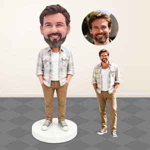 May include: A custom bobblehead figurine featuring a person with a brown beard, wearing a white t-shirt, a light blue and white plaid button-down shirt, and tan trousers. The figurine stands on a round white base, accompanied by a reference photo.