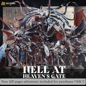 Può includere: Una collezione di figurine fantasy, tra cui angeli e demoni, con spade e scudi. Il titolo "Hell at Heaven's Gate" è visualizzato in lettere bianche in grassetto. L'immagine include anche un libro e il testo "Free 100 pages adventure included for purchases >50€ !!".