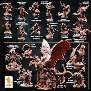 Peut inclure: Plusieurs figurines miniatures de fantaisie marron, dont un dragon, des guerriers et des monstres. Les figurines sont étiquetées avec des noms tels que "Soulforged Hunter", "Half-Orc Barbarian" et "Mother of All Dragons". L'image comprend le texte "To-Scale Monsters".
