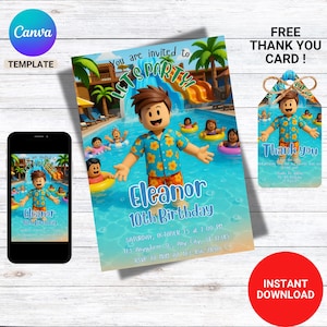 May include: A birthday party invitation with a pool theme. The invitation features a cartoon character in a pool setting, with the text "Let's Party!" and "Eleanor 10th Birthday." A matching "Thank You" card and a phone displaying the invitation are also included.