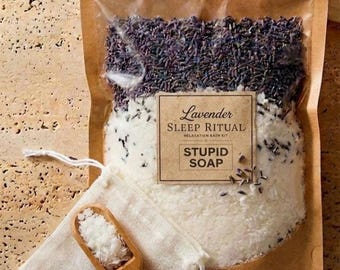 Lavender Magnesium Coconut Milk Bath Soak Kit, Bamboo Spoon, Muslin Pouch