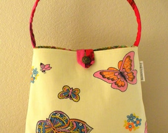 Shoulder Bag - Vintage Canvas Butterflies and Bees - Pink, Orange, Yellow, Blue, Green